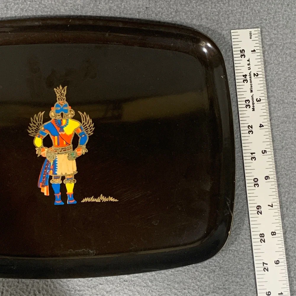 Hummingbird Kachina Serving Couroc Tray Black Vintage MCM Inlaid Art